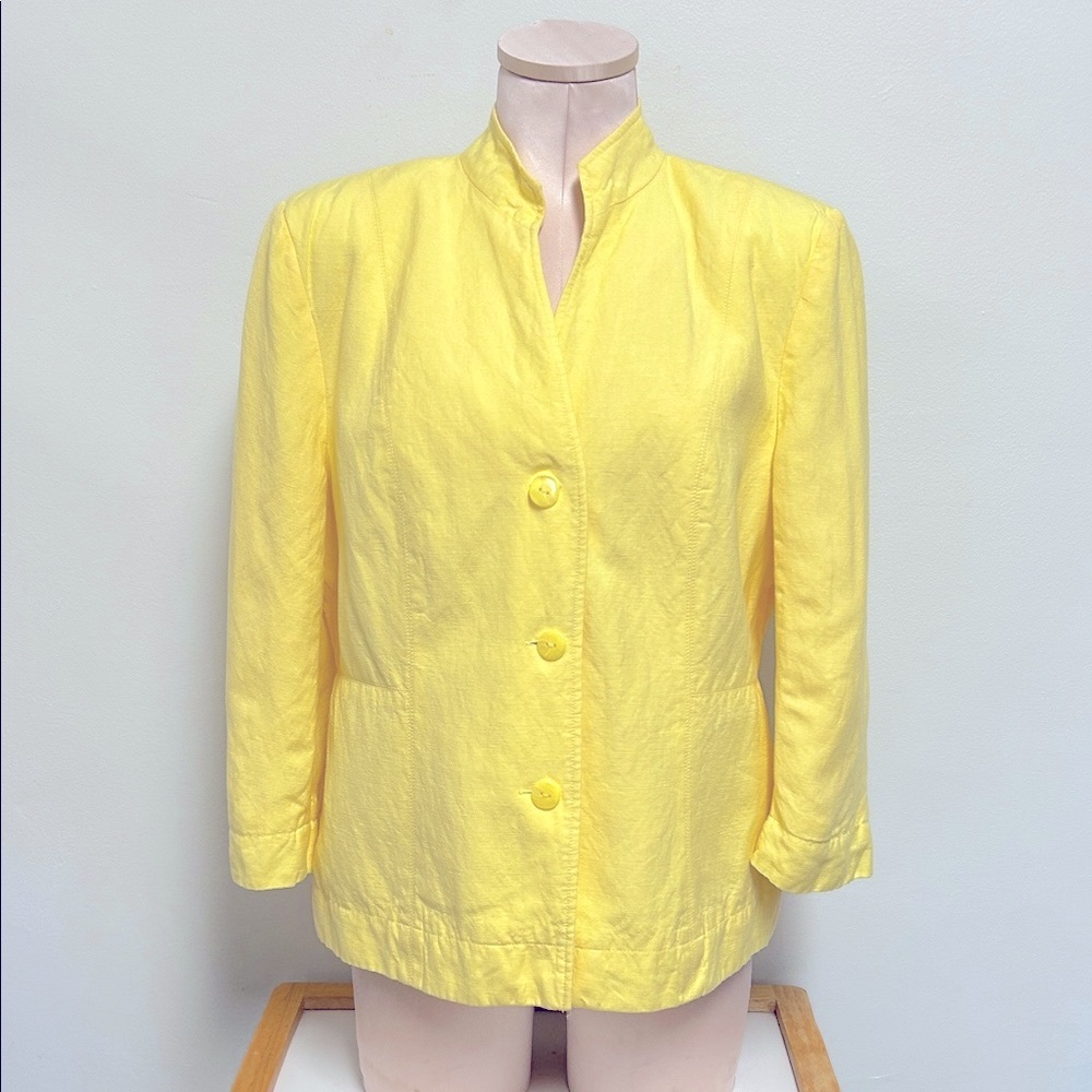 Dressbarn Linen Blend Shoulder Pads Button Up Women’s Size L Yellow Lined Blazer